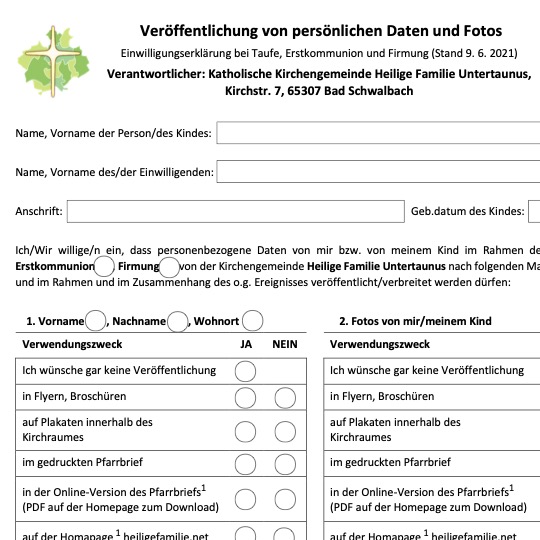 Anmeldung Erstkommunion